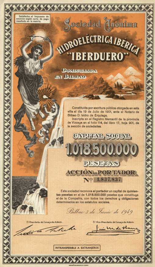 Cartel antiguo de una acción de la Sociedad Anónima Hidroeléctrica Ibérica “Iberduero”, domiciliada en Bilbao (1949)
