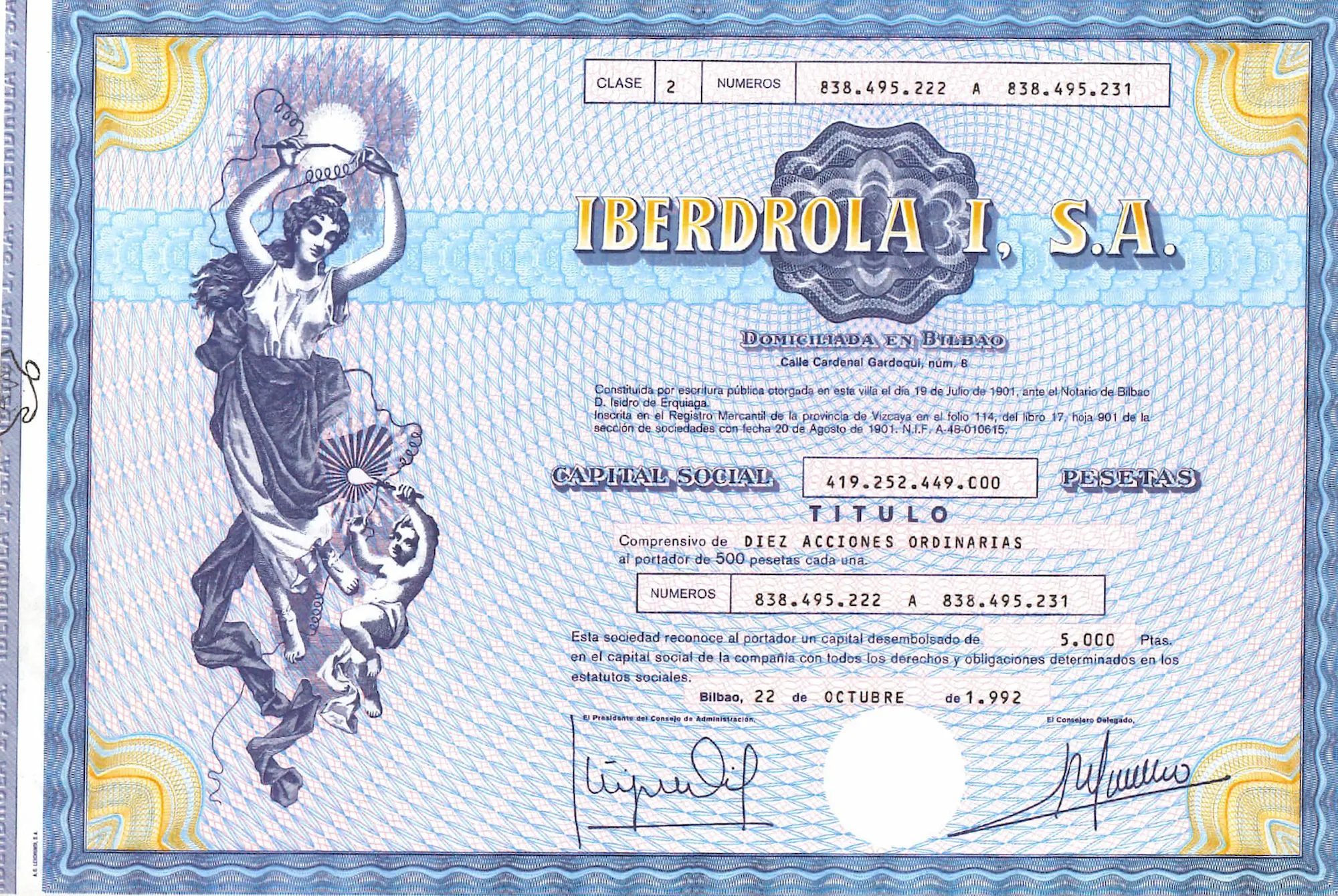 Imagen de la acción de Iberdrola I, en 1992