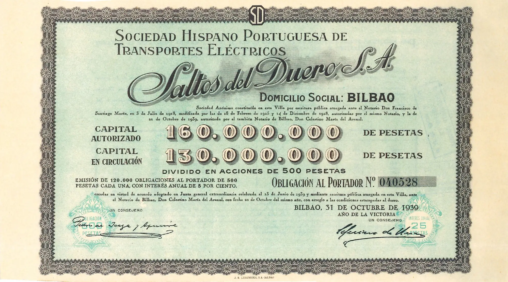 Acción de la Sociedad Hispano Portuguesa de Transportes Eléctricos Saltos del Duero, 1939